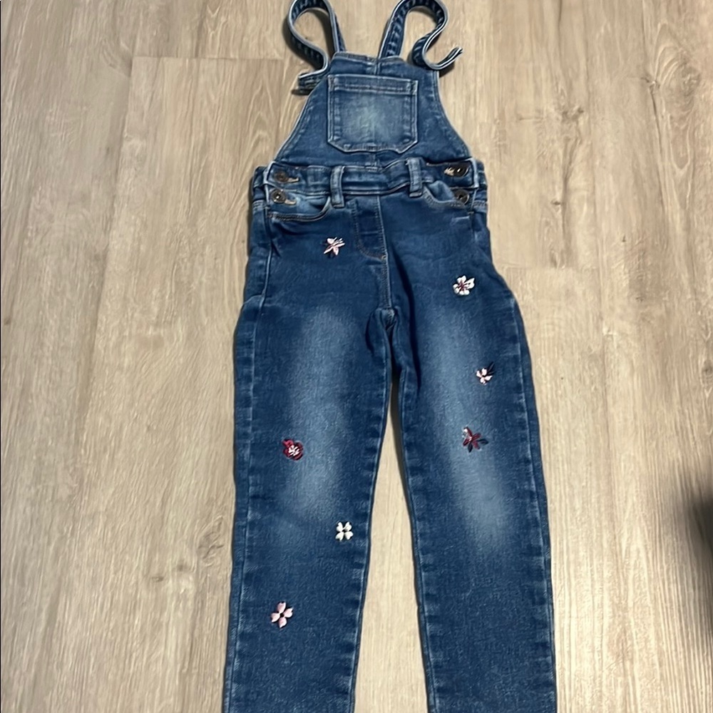 Little Kids Denim Overalls with Floral Embroidery